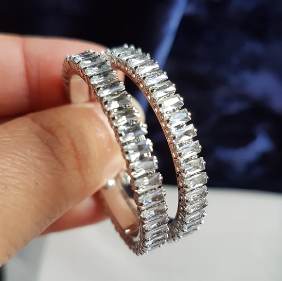 Swarovski Elements Platinum Plated Large Baguette Hoop Earrings NEW - Picture 3 of 17